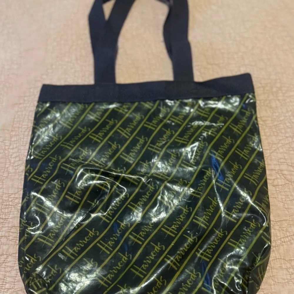 Rare Shreds HARRODS LOGO Black Cotton Glossy Tote Bag 17 x 18 England Vintage